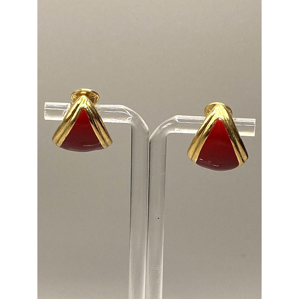 Monet Signed Vintage Gold-tone Red Enamel Elongated Teardrop Clip Earrings 1"